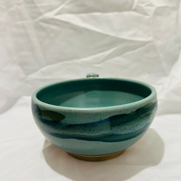 Signed Art Pottery soup mug bowl Teal Blue green glaze Thumb Rest - Picture 8 of 15
